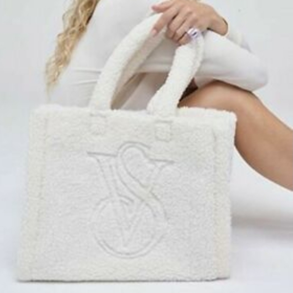 Victoria's Secret White Sherpa VS Logo Tote